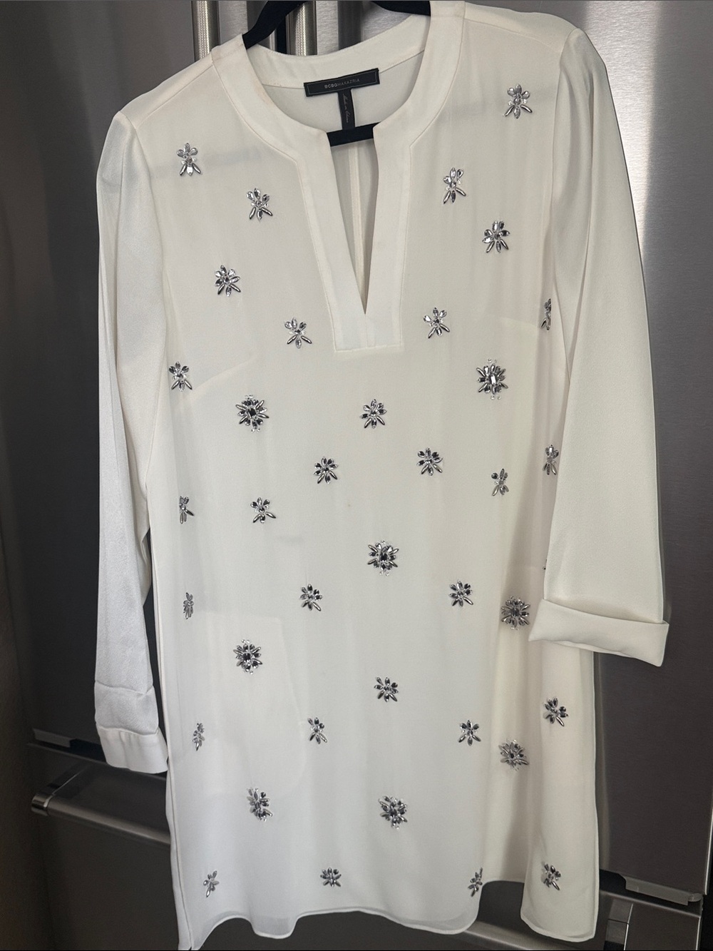 BCBGMaxAzria White Long Sleeve Embellished Tunic Dress